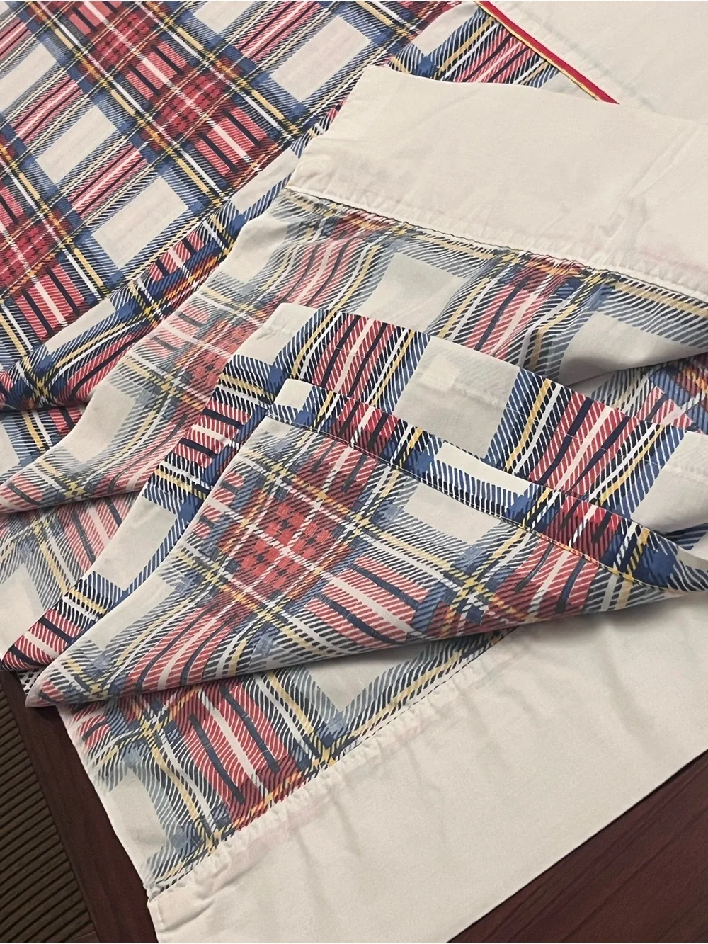 Vintage Plaid Cotton king size Flat sheet in Red, Blue, yellow & White